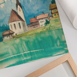 Decorative poster showing a mountain church