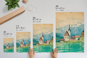 Decorative poster showing a mountain church