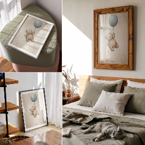 Poster featuring a teddy bear holding a balloon