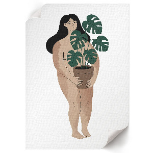 Wall art of a woman holding a potted plant