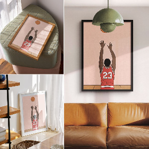 Wall art featuring a basketball player wearing number 23