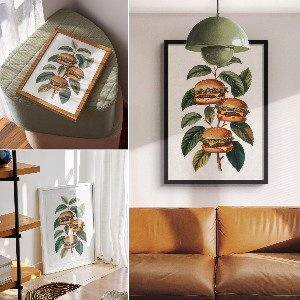Decorative poster featuring a burger tree illustration