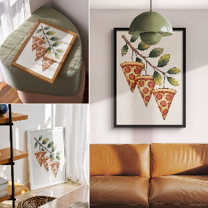 Poster with a pizza illustration on a branch