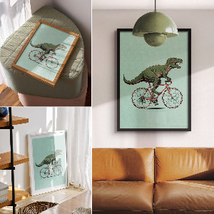 Poster of a dinosaur riding a bicycle