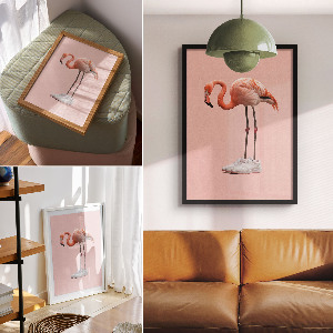Wall print of a flamingo wearing boots