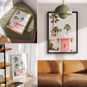 Wall art with palm trees printed on a door