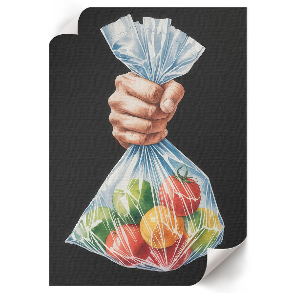 Wall art depicting fruit in a paper bag