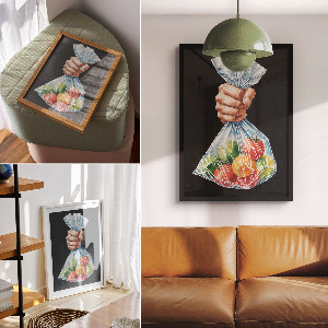 Wall art depicting fruit in a paper bag