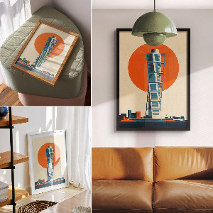 Art print depicting a modern skyscraper