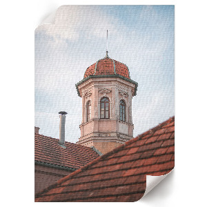 Decorative poster depicting a tower and roof