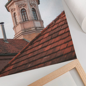 Decorative poster depicting a tower and roof