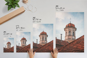 Decorative poster depicting a tower and roof