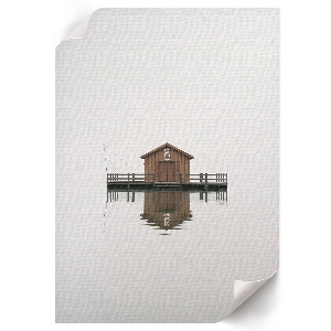 Decorative poster featuring a cottage on the water