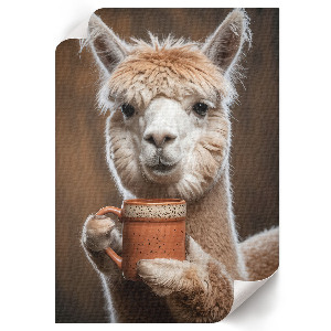 Art print of an alpaca holding a cup of coffee