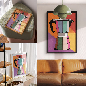 Decorative poster featuring a colorful coffee pot