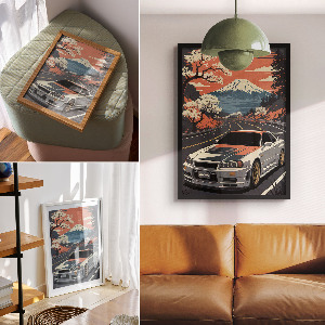 Decorative poster featuring a car and mountains