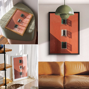 Wall art featuring an orange building facade