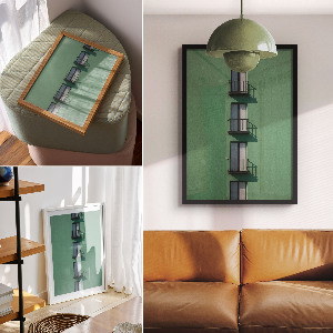 Wall print with a green façade design