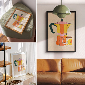 Art print featuring a coffee pot and mug