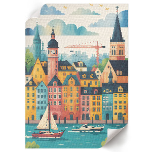 Wall art depicting a colorful town