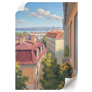 Wall art with a city view motif