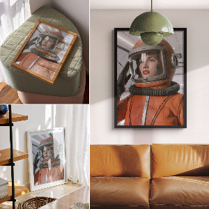Wall art depicting a woman in a spacesuit