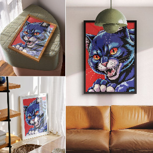 Wall art featuring a blue cat