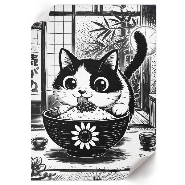 Art print showing a cat curled up in a bowl