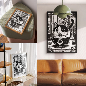 Art print showing a cat curled up in a bowl