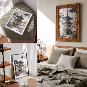 Wall art depicting a Japanese temple
