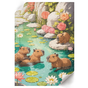 Wall art depicting capybaras in a pond