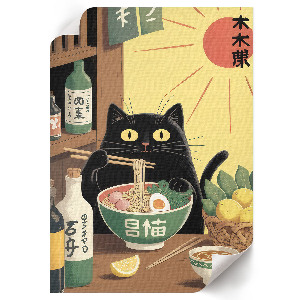 Wall print featuring a cat and ramen