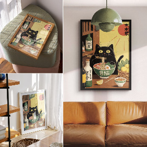 Wall print featuring a cat and ramen
