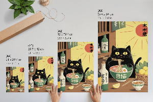 Wall print featuring a cat and ramen