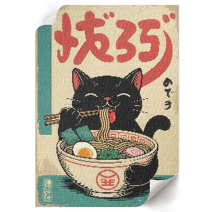 Decorative poster featuring ramen and a cat