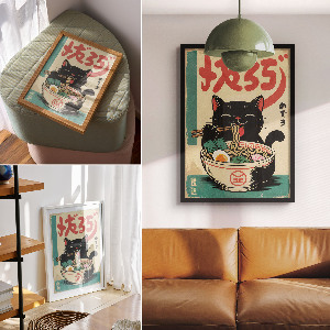 Decorative poster featuring ramen and a cat