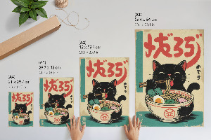 Decorative poster featuring ramen and a cat