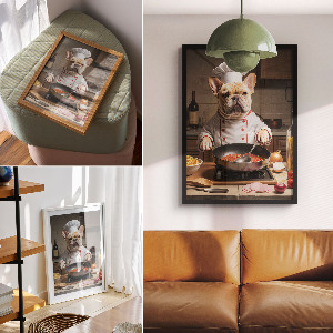 Wall art featuring a dog dressed as a chef