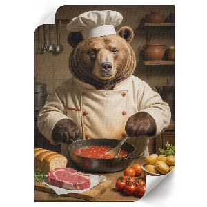 Wall print featuring a bear cooking