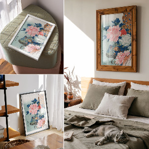 Art print Peacock and peonies