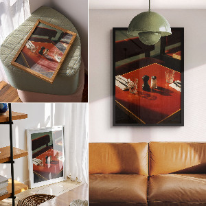 Wall art showing a table in a restaurant