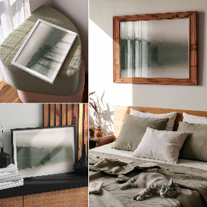 Modern wall art poster depicting a foggy forest