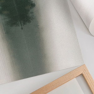 Modern wall art poster depicting a foggy forest