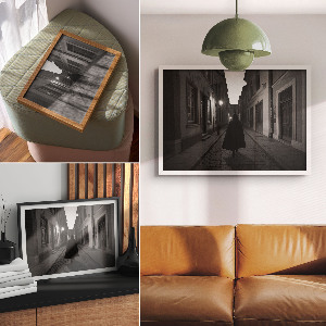 Modern wall art poster featuring a black and white city view
