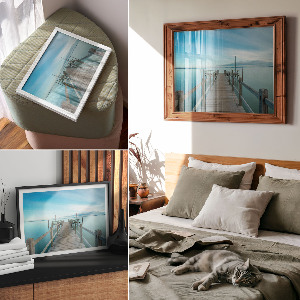 Modern wall art poster depicting a lake jetty