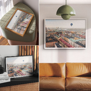 Modern wall art poster depicting a balloon over the city