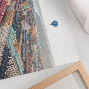 Modern wall art poster depicting a balloon over the city