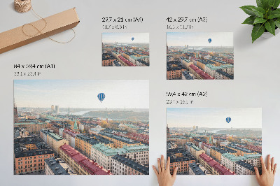 Modern wall art poster depicting a balloon over the city