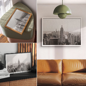 Modern wall art poster featuring a city landscape