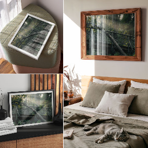 Modern wall art poster depicting a forest bridge